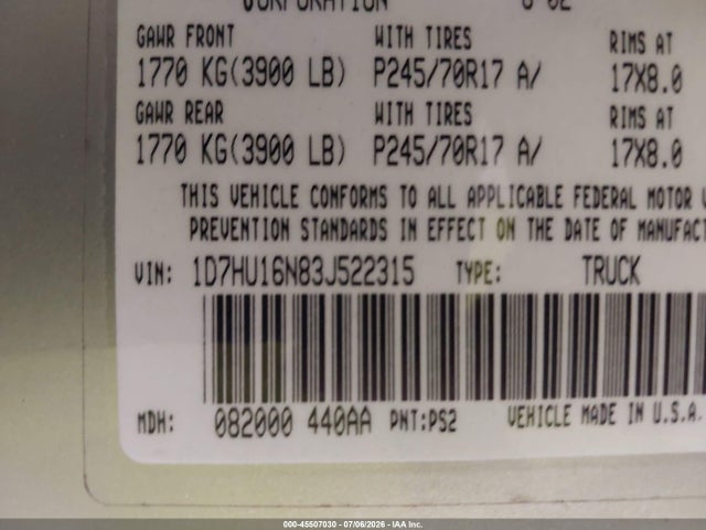 Aukcja sprzedaży 2003 Dodge Ram 1500 Slt/laramie/st, vin: 1D7HU16N83J522315, numer aukcji: 45507030