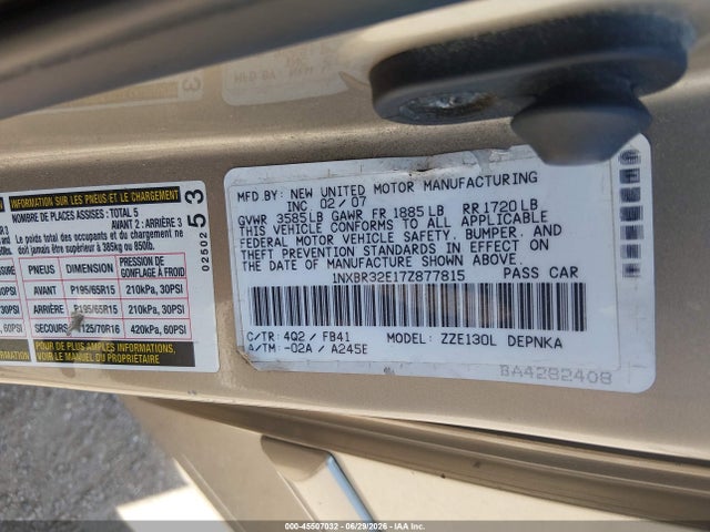 Продаж на аукціоні авто 2007 Toyota Corolla Le, vin: 1NXBR32E17Z877815, номер лоту: 45507032