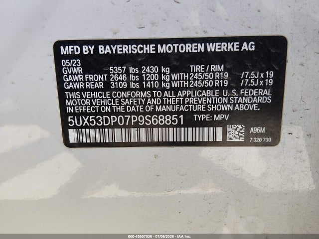 Aukcja sprzedaży 2023 Bmw X3 Xdrive30i, vin: 5UX53DP07P9S68851, numer aukcji: 45507036