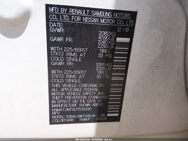 45507049 :رقم المزاد ، KNMAT2MTXLP535330 vin ، 2020 Nissan Rogue Sv Fwd مزاد بيع