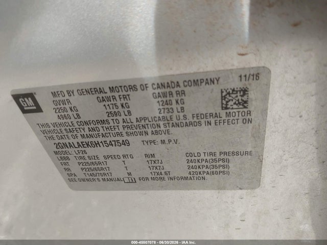 Продаж на аукціоні авто 2017 Chevrolet Equinox L, vin: 2GNALAEK6H1547549, номер лоту: 45507078