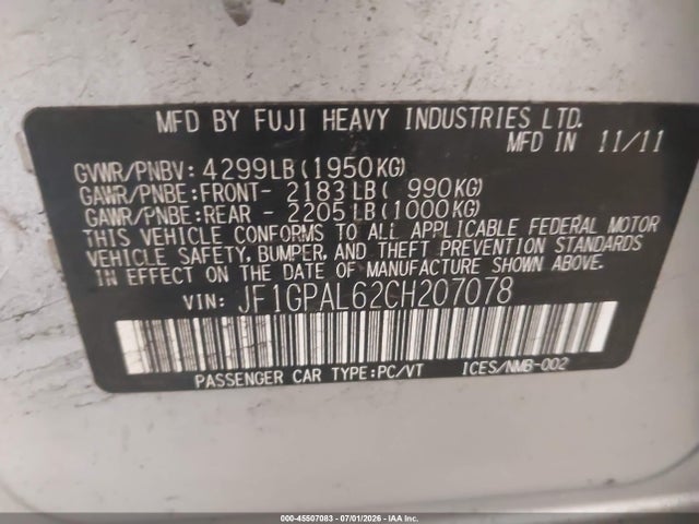 45507083 :رقم المزاد ، JF1GPAL62CH207078 vin ، 2012 Subaru Impreza 2.0i Sport Premium مزاد بيع