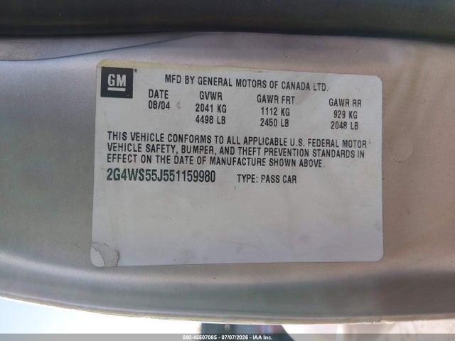 Auction sale of the 2005 Buick Century, vin: 2G4WS55J551159980, lot number: 45507085
