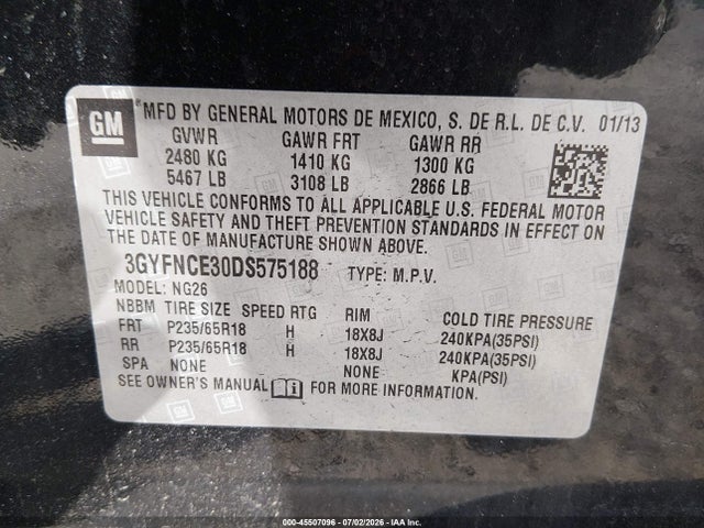 Auction sale of the 2013 Cadillac Srx Luxury Collection, vin: 3GYFNCE30DS575188, lot number: 45507096