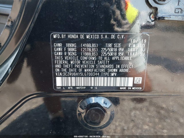 45507100 :رقم المزاد ، 3CZRU6H15LG700344 vin ، 2020 Honda Hr-v Awd Sport مزاد بيع