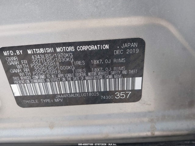 Aukcja sprzedaży 2020 Mitsubishi Outlander Sport 2.0 Se Awc, vin: JA4AR3AUXLU018025, numer aukcji: 45507109