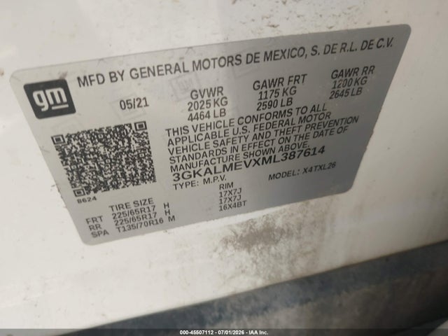 Aukcja sprzedaży 2021 Gmc Terrain Fwd Sle, vin: 3GKALMEVXML387614, numer aukcji: 45507112