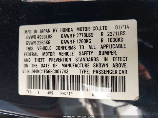 Aukcja sprzedaży 2014 Acura Rlx, vin: JH4KC1F56EC007743, numer aukcji: 45507131
