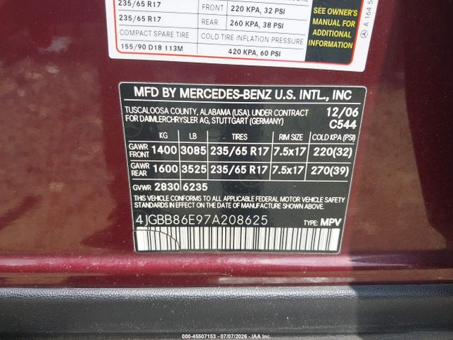 45507153 :رقم المزاد ، 4JGBB86E97A208625 vin ، 2007 Mercedes-benz Ml 350 4matic مزاد بيع