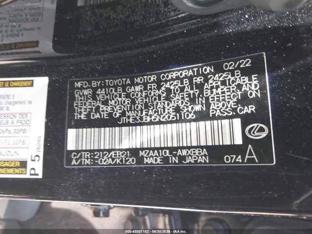 45507182 :رقم المزاد ، JTHE3JBH5N2051106 vin ، 2022 Lexus Ux 200 F Sport مزاد بيع