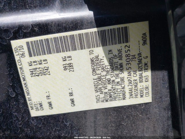 45507202 :رقم المزاد ، 1N4AL2AP7AN530852 vin ، 2010 Nissan Altima 2.5 S مزاد بيع