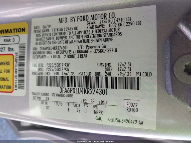 Ford Fusion Hybrid Se 2019 3FA6P0LU4KR274301 Image 9