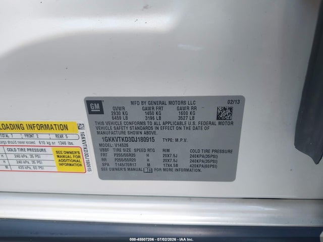 45507206 :رقم المزاد ، 1GKKVTKD3DJ180915 vin ، 2013 Gmc Acadia Denali مزاد بيع