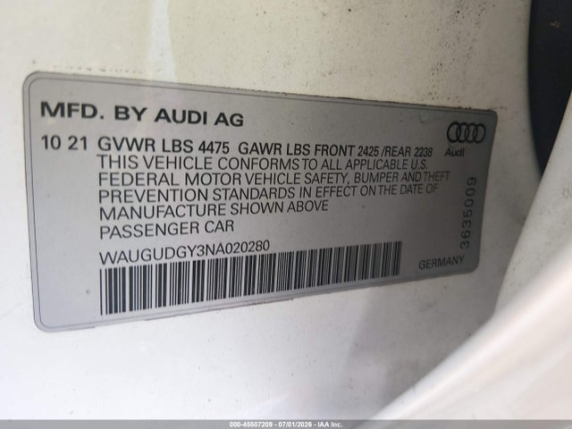 Продаж на аукціоні авто 2022 Audi A3 Premium 40 Tfsi Quattro S Tronic, vin: WAUGUDGY3NA020280, номер лоту: 45507209