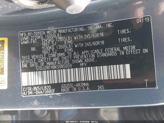 5TDJZRFH8KS985059 Toyota Highlander Xle