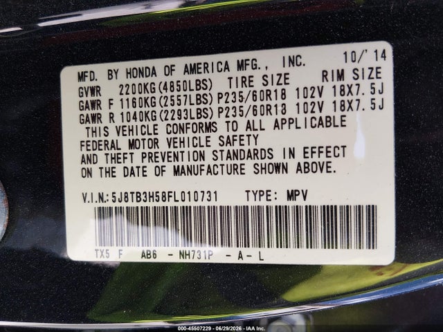 45507229 :رقم المزاد ، 5J8TB3H58FL010731 vin ، 2015 Acura Rdx مزاد بيع