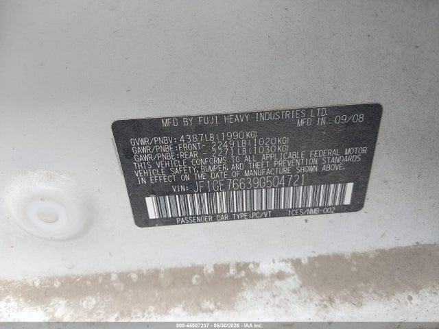Продаж на аукціоні авто 2009 Subaru Impreza Wrx, vin: JF1GE76639G504721, номер лоту: 45507237
