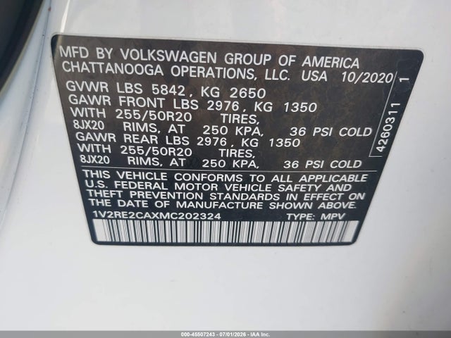 Продаж на аукціоні авто 2021 Volkswagen Atlas Cross Sport 3.6l V6 Se W/technology R-line, vin: 1V2RE2CAXMC202324, номер лоту: 45507243