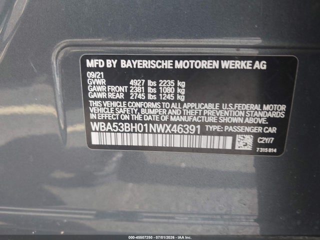 2022 Bmw 530 I მანქანა იყიდება აუქციონზე, vin: WBA53BH01NWX46391, აუქციონის ნომერი: 45507250