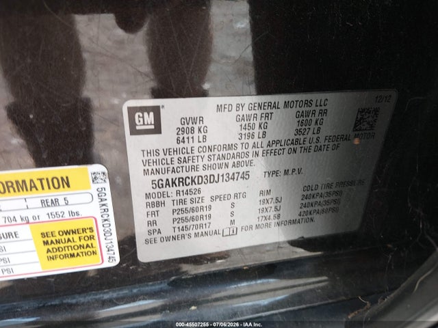 45507255 :رقم المزاد ، 5GAKRCKD3DJ134745 vin ، 2013 Buick Enclave Leather مزاد بيع