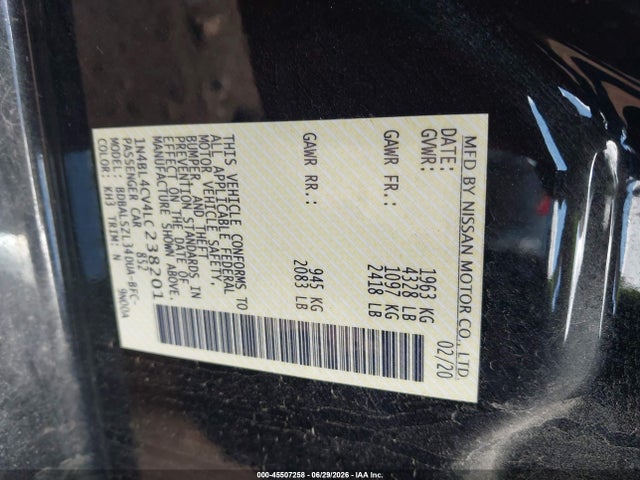 Продаж на аукціоні авто 2020 Nissan Altima Sr Fwd, vin: 1N4BL4CV4LC238201, номер лоту: 45507258