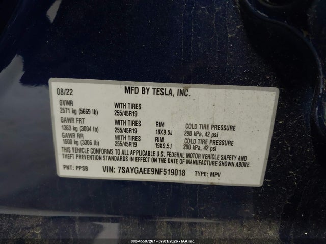 Aukcja sprzedaży 2022 Tesla Model Y Long Range Dual Motor All-wheel Drive, vin: 7SAYGAEE9NF519018, numer aukcji: 45507267
