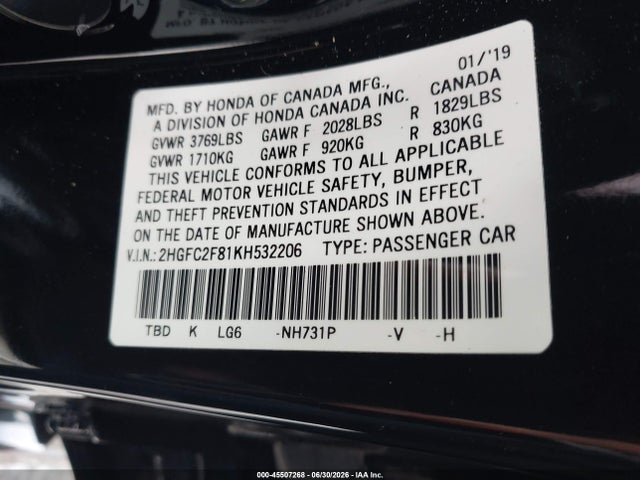 2HGFC2F81KH532206 Honda Civic Sport