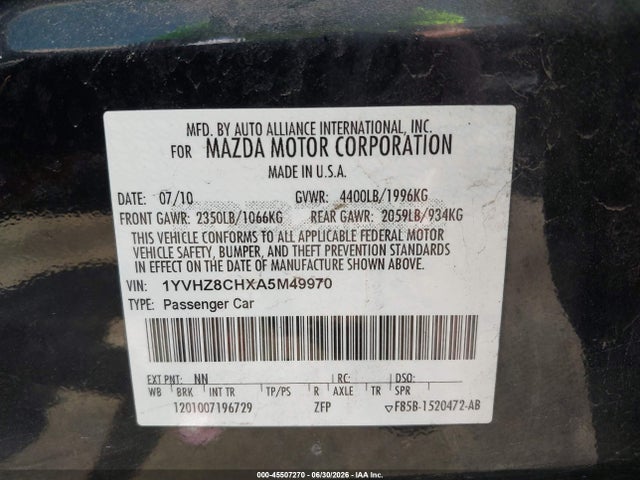 Aukcja sprzedaży 2010 Mazda Mazda6 I Touring, vin: 1YVHZ8CHXA5M49970, numer aukcji: 45507270