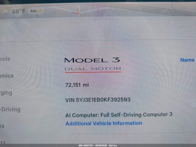 Продажа на аукционе авто 2019 Tesla Model 3 Long Range/performance, vin: 5YJ3E1EB0KF392593, номер лота: 45507301