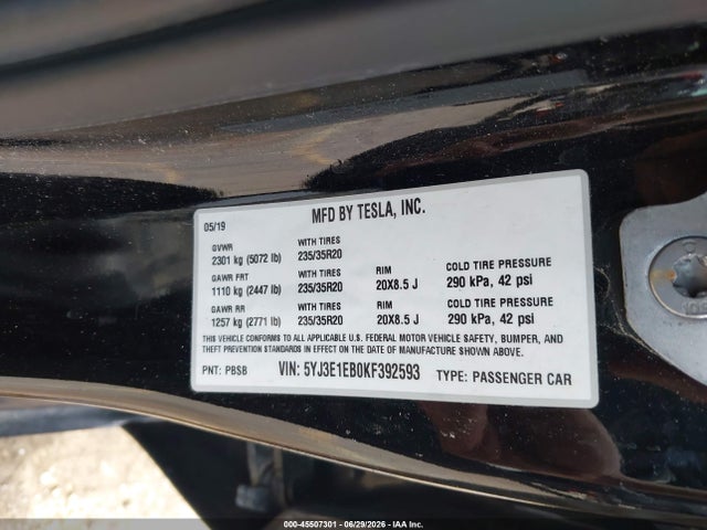 45507301 :رقم المزاد ، 5YJ3E1EB0KF392593 vin ، 2019 Tesla Model 3 Long Range/performance مزاد بيع