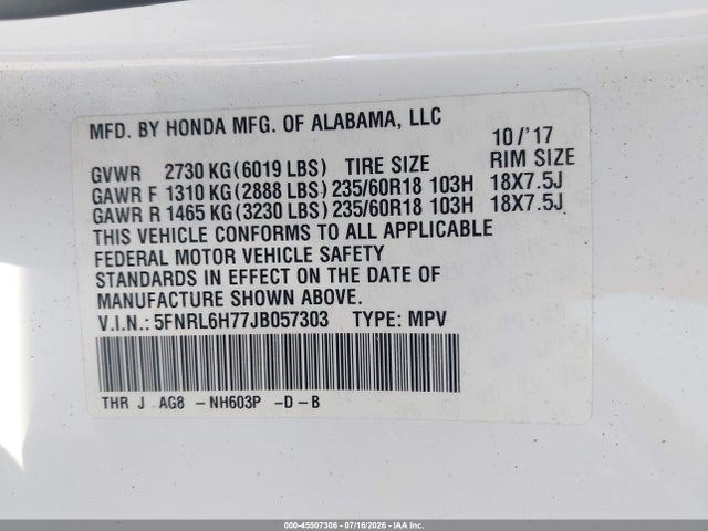 Aukcja sprzedaży 2018 Honda Odyssey Ex-l, vin: 5FNRL6H77JB057303, numer aukcji: 45507306