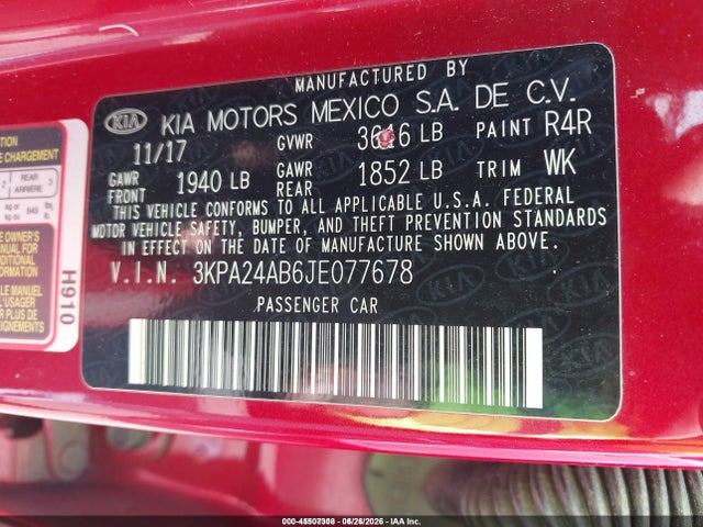 45507308 :رقم المزاد ، 3KPA24AB6JE077678 vin ، 2018 Kia Rio S مزاد بيع