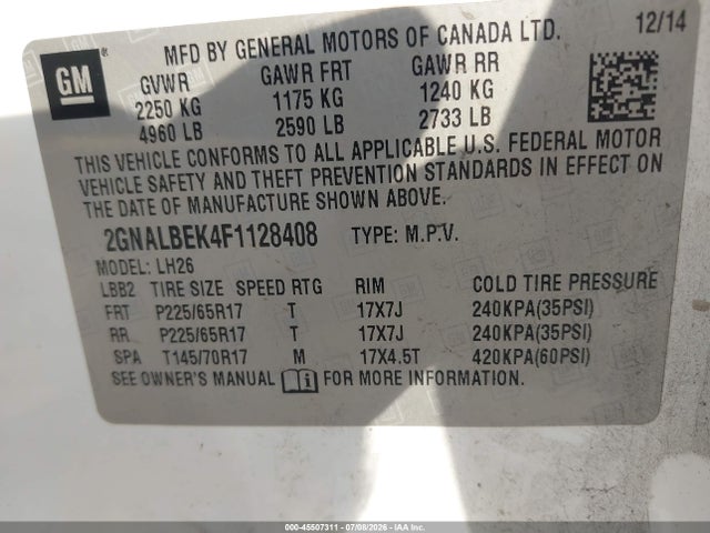 Chevrolet EQUINOX LT 2015 2GNALBEK4F1128408 Image 9
