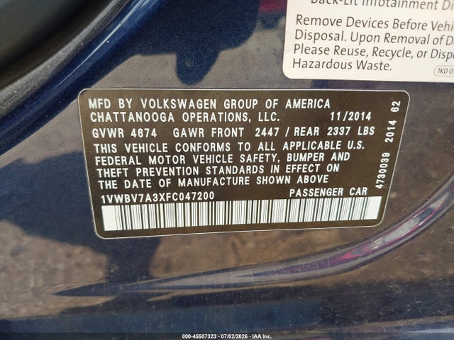 45507323 :رقم المزاد ، 1VWBV7A3XFC047200 vin ، 2015 Volkswagen Passat 2.0l Tdi Se مزاد بيع