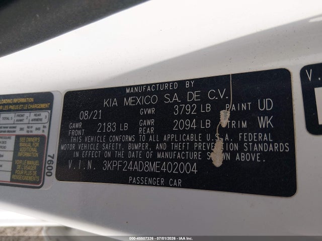 Продажа на аукционе авто 2021 Kia Forte Fe, vin: 3KPF24AD8ME402004, номер лота: 45507326