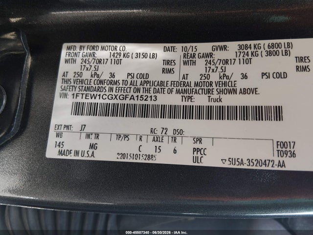 2016 Ford F-150 მანქანა იყიდება აუქციონზე, vin: 1FTEW1CGXGFA15213, აუქციონის ნომერი: 45507340