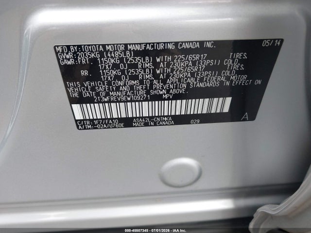 45507345 :رقم المزاد ، 2T3WFREV9EW109271 vin ، 2014 Toyota Rav4 Xle مزاد بيع