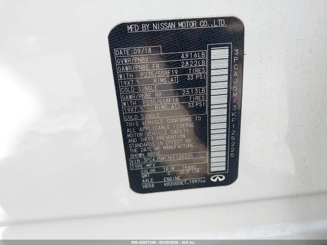 Aukcja sprzedaży 2019 Infiniti Qx50 Luxe, vin: 3PCAJ5M13KF125225, numer aukcji: 45507348