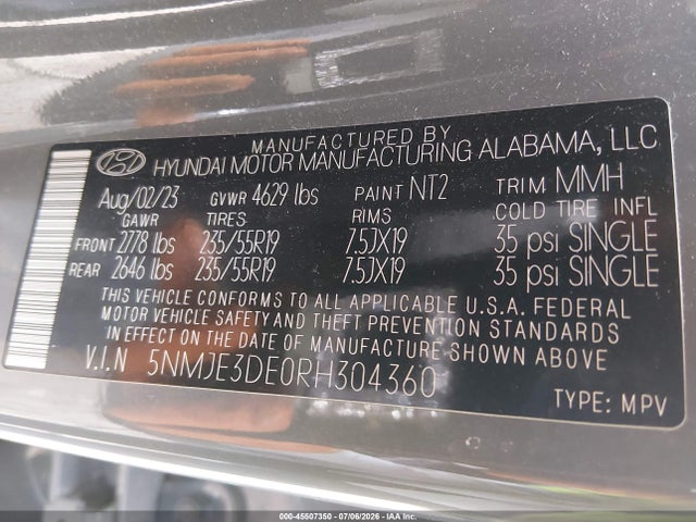 Продажа на аукционе авто 2024 Hyundai Tucson Limited, vin: 5NMJE3DE0RH304360, номер лота: 45507350