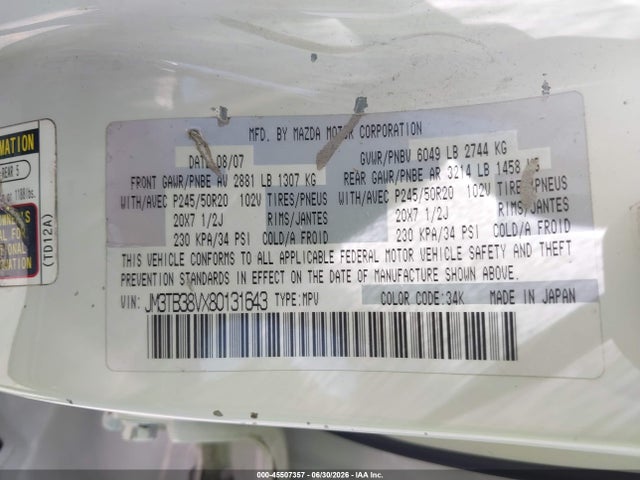 Aukcja sprzedaży 2008 Mazda Cx-9 Grand Touring, vin: JM3TB38VX80131643, numer aukcji: 45507357