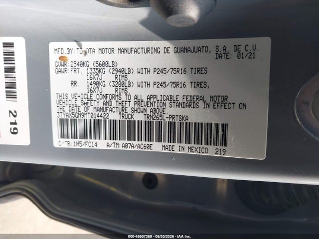 Продаж на аукціоні авто 2021 Toyota Tacoma Sr5, vin: 3TYAX5GN9MT014422, номер лоту: 45507369