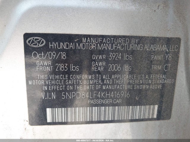 5NPD84LF4KH416916 Hyundai ELANTRA SEL