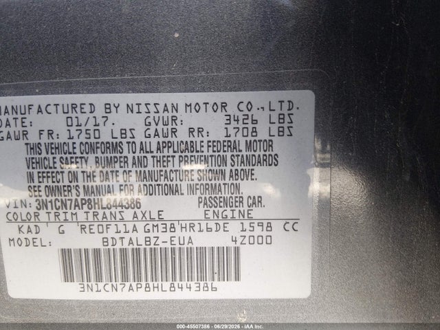 3N1CN7AP8HL844386 Nissan Versa 1.6 Sv