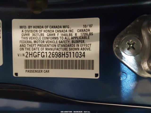 Продаж на аукціоні авто 2008 Honda Civic Lx, vin: 2HGFG12698H511034, номер лоту: 45507399