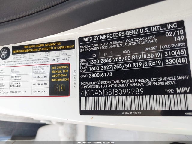 45507415 :رقم المزاد ، 4JGDA5JB8JB099289 vin ، 2018 Mercedes-benz Gle 350 مزاد بيع