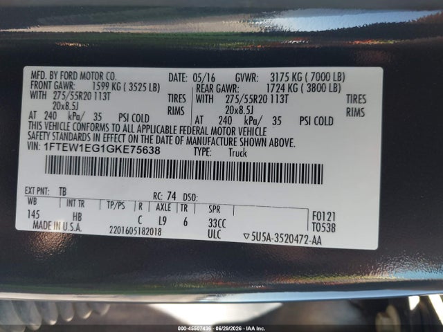 1FTEW1EG1GKE75638 Ford F-150 King Ranch/lariat/limited/platinum/xl/xlt