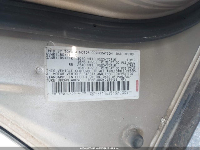 45507448 :رقم المزاد ، JT6HF10U2Y0154416 vin ، 2000 Lexus Rx 300 مزاد بيع