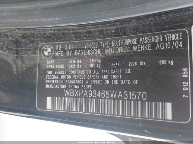 Продаж на аукціоні авто 2005 Bmw X3 3.0i, vin: WBXPA93465WA31570, номер лоту: 45507449