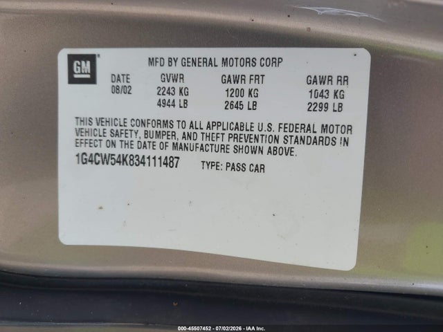 Aukcja sprzedaży 2003 Buick Park Avenue, vin: 1G4CW54K834111487, numer aukcji: 45507452