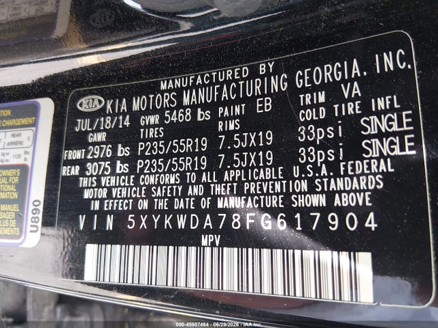 45507464 :رقم المزاد ، 5XYKWDA78FG617904 vin ، 2015 Kia Sorento Sx V6 مزاد بيع